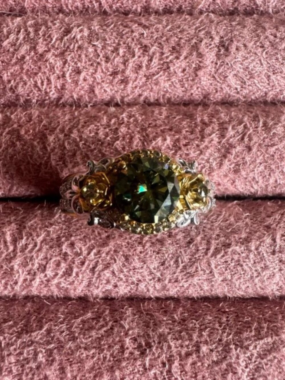 D'Joy Green Moissanite Floral Rose Accent Halo Ring 925 Sterling Silver Sz 9